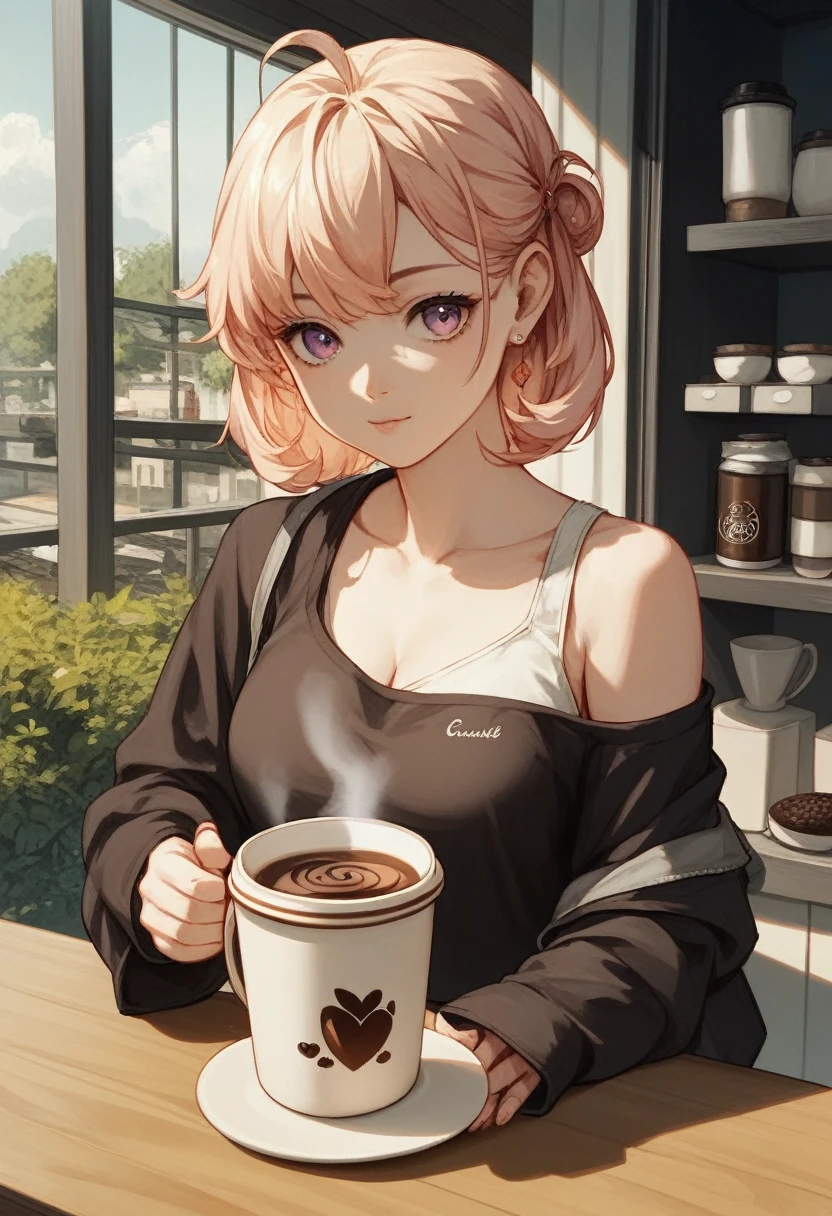 A cup filled with freshly brewed coffee, coffee beans scattered around, a shiny reflection on the surface,score_9,score_8_up,source_anime