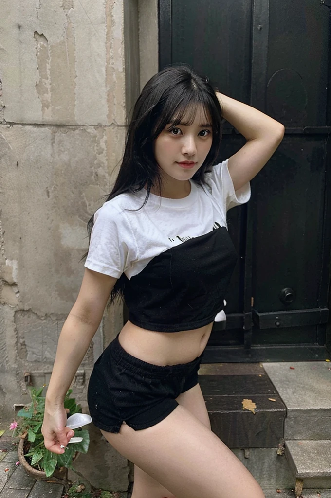 High_resolution, highly_detailed, realistic photograph, 1girl, young shy korean girl, detailed_face, 170cm tall, model photoshoot, realisitic, singlet, ripped_jeans, closed_mouth, long straight hair (silver), hairstyle_front bangs with ponytailed, cool vibes,showing_love sign, real world location, 3d background,realhands, perfect body proportion, slim figure,1 girl, normal arms_length, normal_neck, small beast size