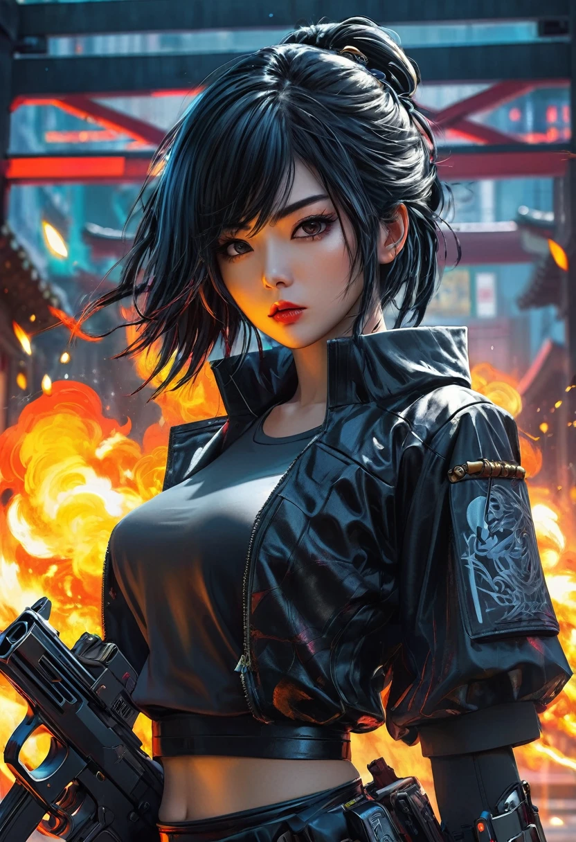 woman with gun and fire in hand, Very beautiful cyberpunk samurai, Digital Cyberpunk Anime Art, Digital Cyberpunk - Anime Art, female Cyberpunk Anime Girl, Cyberpunk Anime Girl, Cyberpunk Japanese Temple, anime cyberpunk art, Amazing anime 8k, Cyberpunk Anime Girl mech, Cyberpunk girl with jet black hair, Beautiful digital art, Cyberpunk Geisha