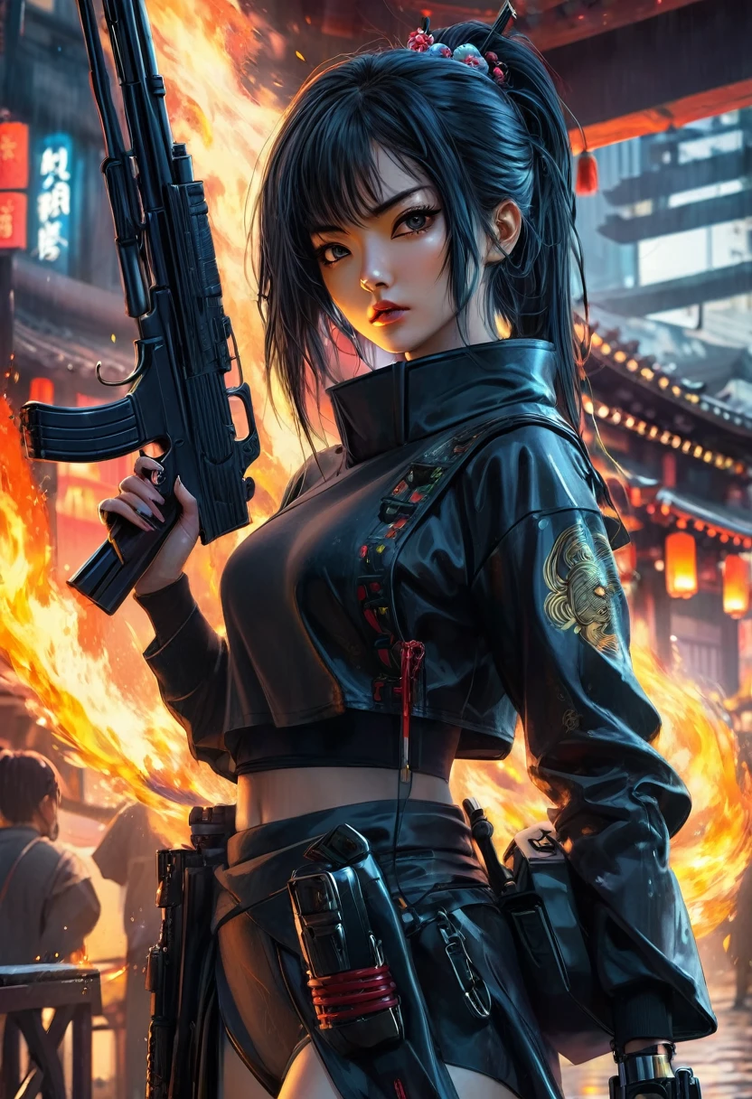 woman with gun and fire in hand, Very beautiful cyberpunk samurai, Digital Cyberpunk Anime Art, Digital Cyberpunk - Anime Art, female Cyberpunk Anime Girl, Cyberpunk Anime Girl, Cyberpunk Japanese Temple, anime cyberpunk art, Amazing anime 8k, Cyberpunk Anime Girl mech, Cyberpunk girl with jet black hair, Beautiful digital art, Cyberpunk Geisha