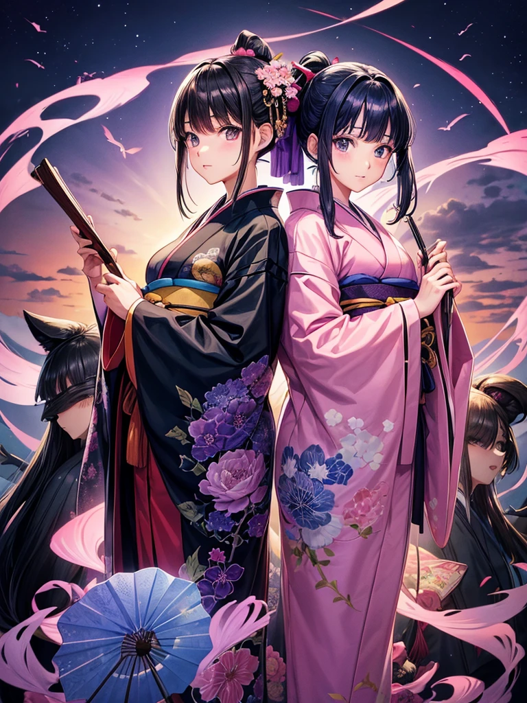 Anime illustration、masterpiece、high quality、14 year old girl、Long straight black hair、Ponytail ribbon tie、Wear a kimono long-sleeved kimono、The pattern is morning glory blue、pink、purple、Hold a fan、It's summer、In the background, fireflies flutter among the firefly grass.、The trajectory of light in the darkness is beautiful