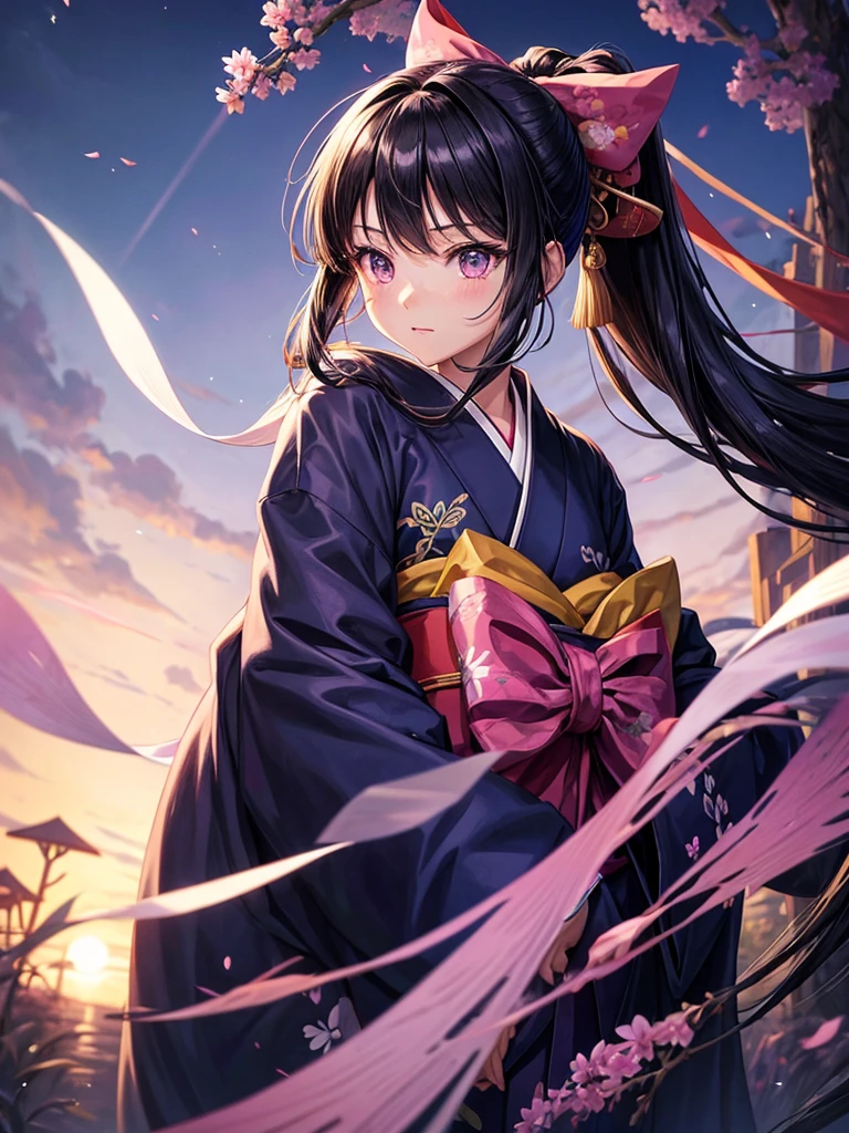 Anime illustration、masterpiece、high quality、14 year old girl、Long straight black hair、Ponytail ribbon tie、Wear a kimono long-sleeved kimono、The pattern is morning glory blue、pink、purple、Hold a fan、It's summer、In the background, fireflies flutter among the firefly grass.、The trajectory of light in the darkness is beautiful