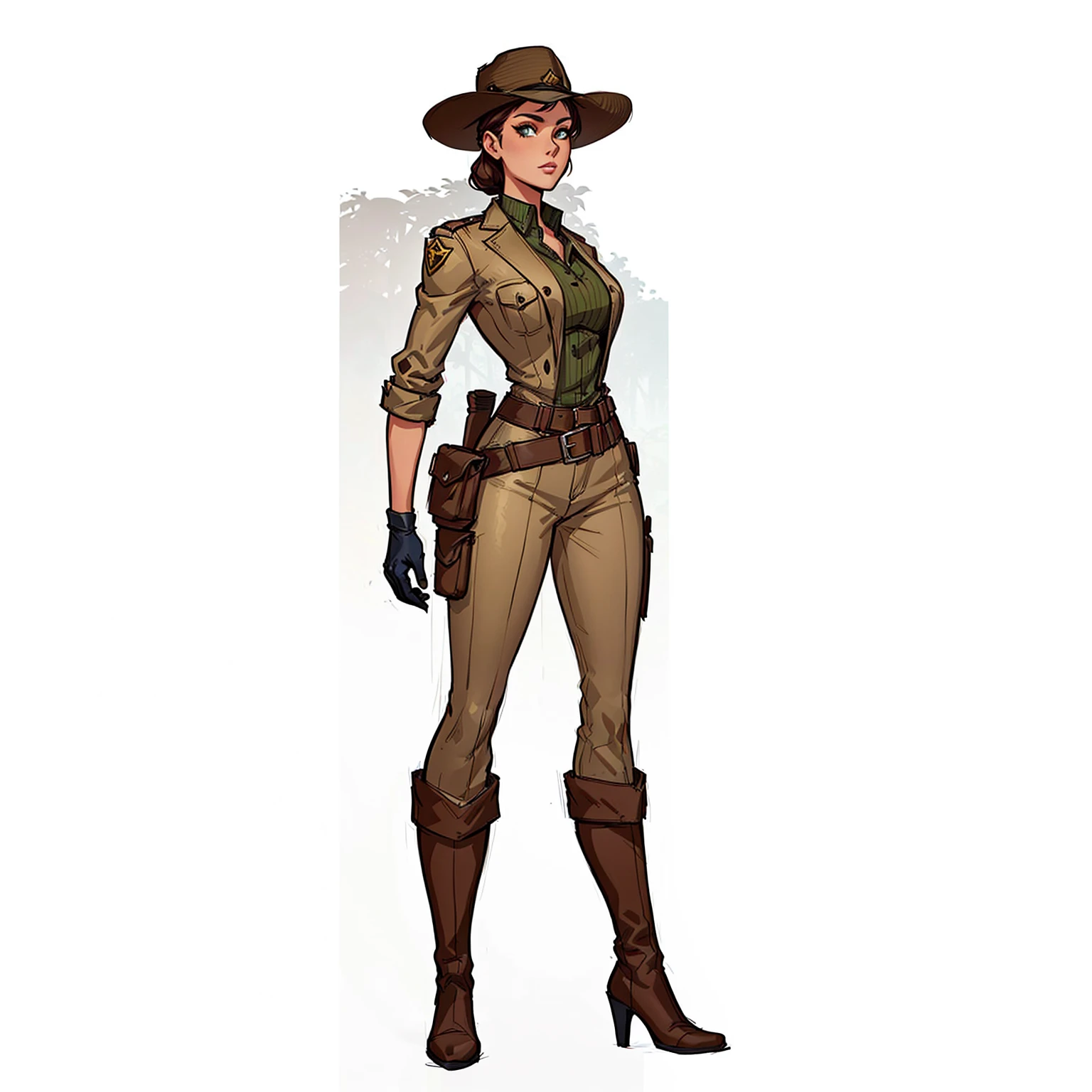 a cartoon of a woman in a hat and boots, gorgeous jungle ranger, full body character concept art, solo female character, female lead character, single character concept art, female sheriff, female doc savage, full - body portrait of a ranger, official concept art, full character concept art, portrait of a female ranger, official character art, beautiful full body concept art