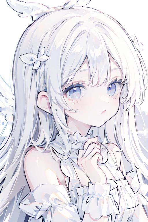 White Angel, White ribbon, pastel White angel ring, white one-piece,white and angel wings, cute white background ,White long Curl hair,glitter White eyes