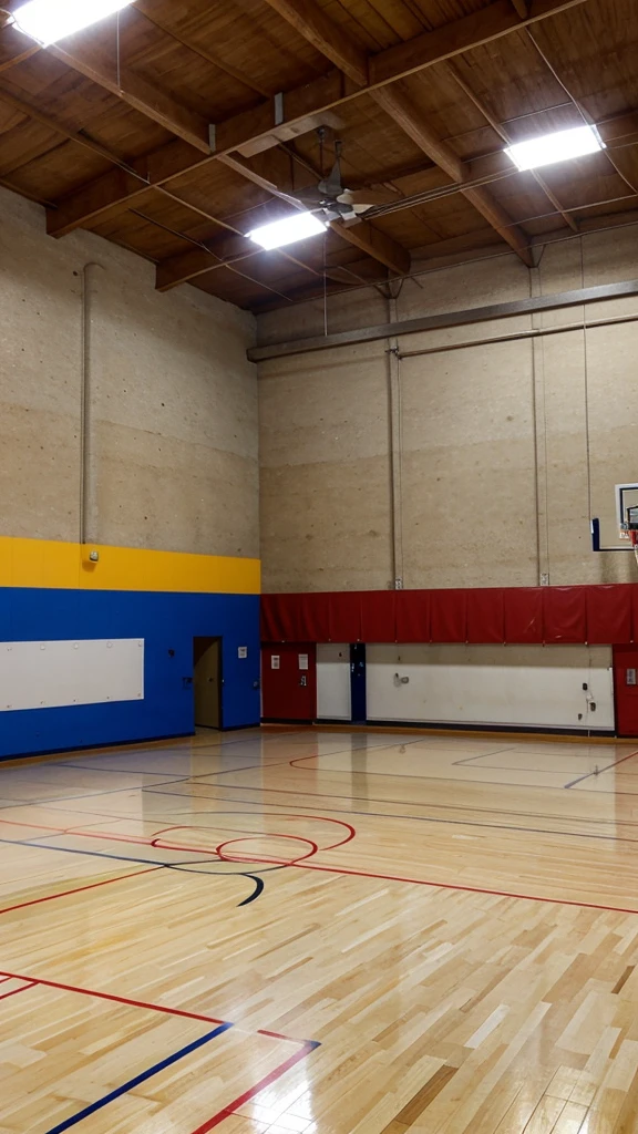 A brightly lit indoor basketball court with freshly polished wood floors and clear markings.
