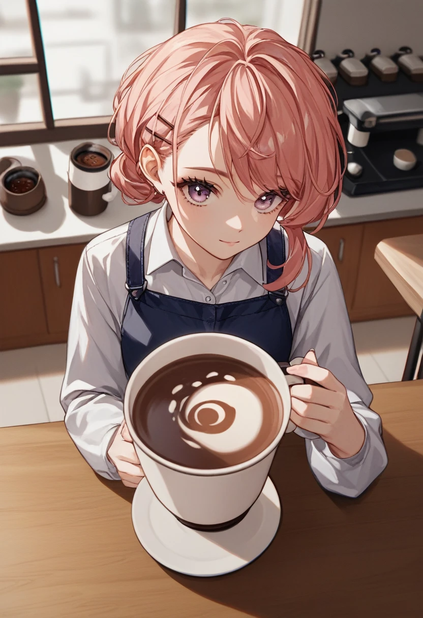 A cup filled with freshly brewed coffee, coffee beans scattered around, a shiny reflection on the surface,score_9,score_8_up,source_anime
