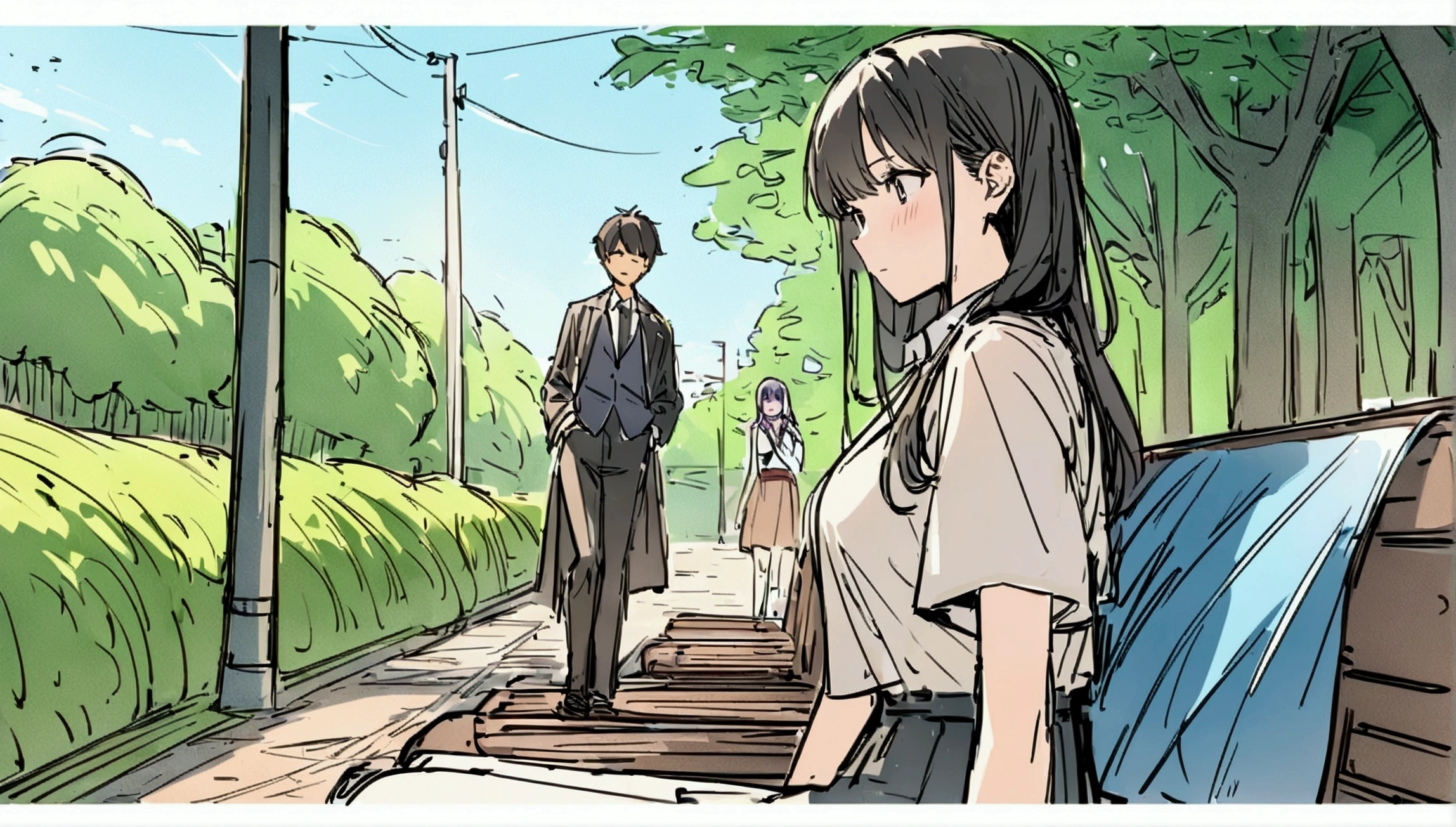 masterpiece,最high quality,Super detailed,High resolution backgrounds,8K,High Resolution,high quality,break,high school student,Man and woman couple,Park bench,Japanese manga style, sketch, Colored pencil