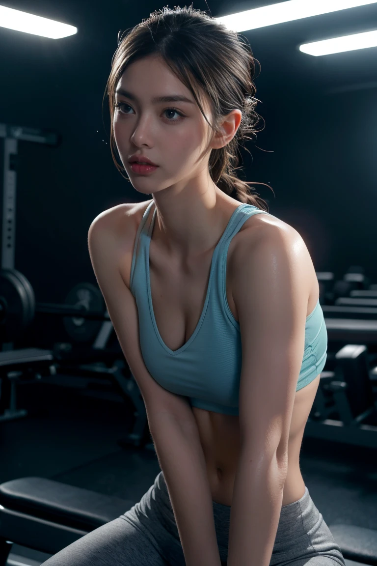a girl workout at gym, sweaty body, soaked, beautiful detailed eyes, beautiful detailed lips, extremely detailed face, long eyelashes, toned abs, braided hairstyle, full body shot, cinematic lighting, dramatic lighting, hyper realistic, 8k, intricate details, masterpiece, photorealistic, chiaroscuro lighting, dramatic shadows, volumetric lighting, glowing skin, athletic, fit, strong, powerful, gym room, sport wear,