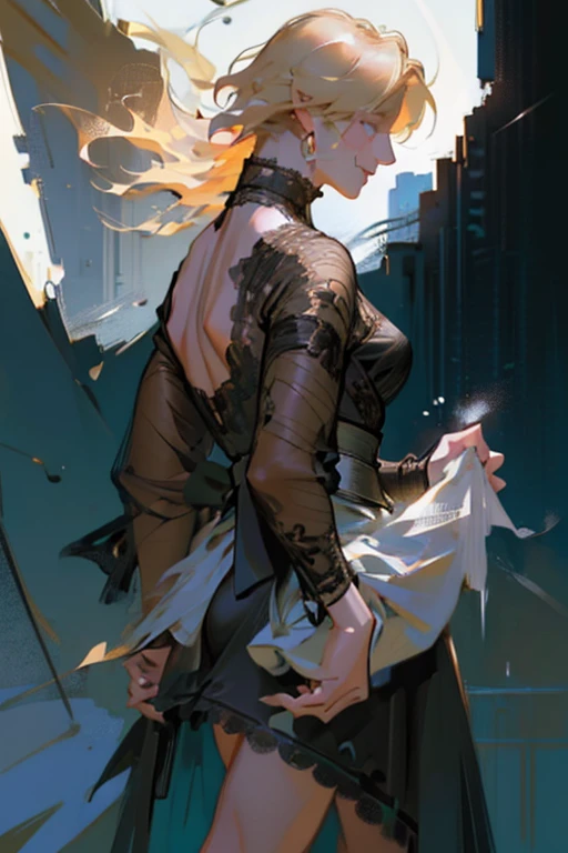 (back view),(rule of thirds:1.4), ((ultra realistic illustration:1.2)),Athletic blonde woman, (short hair), tomboy, cute, ((smile)), sexy, smoky eye, choker, sheer lace black minidress, high heels.Masterpiece, best quality,(highly detailed:1.2),(detailed face and eyes:1.2), 8k wallpaper, depth of field, natural lighting. core shadows, high contrast, bokeh.