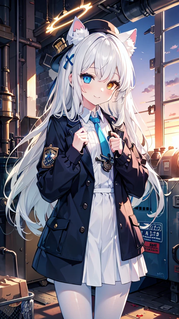 White pantyhose，White hair，Smile，Long hair，Cat ear，Heterochromia（Left blue right yellow），Female face，There are bright spots in the eyes，flat chest，blue halo，Alone，Inside the boiler room，Sunset，Steampunk，hat，Hand holding a wrench，At work