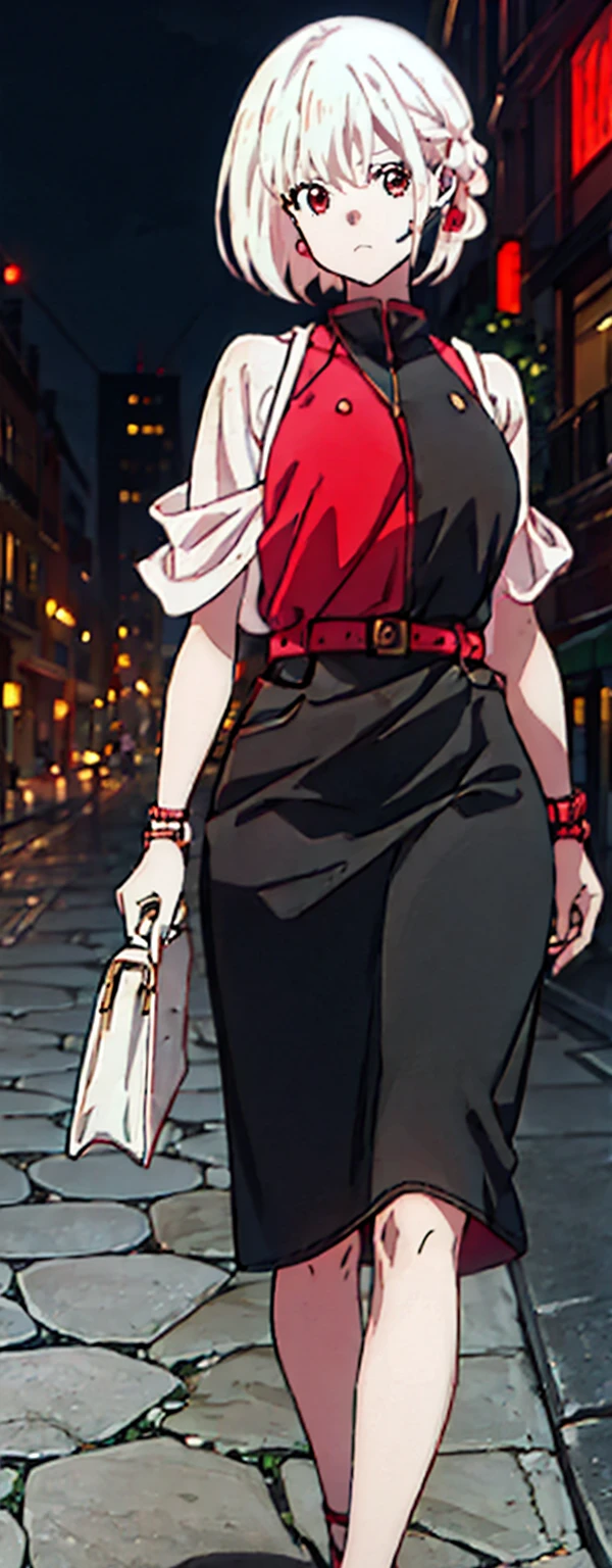 High resolution, High resolution,2D Anime Style,,Cool woman,Mature,,20th generation,short hair,Blonde,Red eyes,Beautiful Watches,Beautiful earrings,Street fashion,Walking,night,