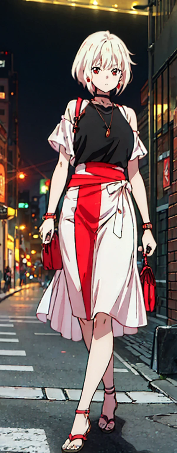 High resolution, High resolution,2D Anime Style,,Cool woman,Mature,,20th generation,short hair,Blonde,Red eyes,Beautiful Watches,Beautiful earrings,Street fashion,Walking,night,