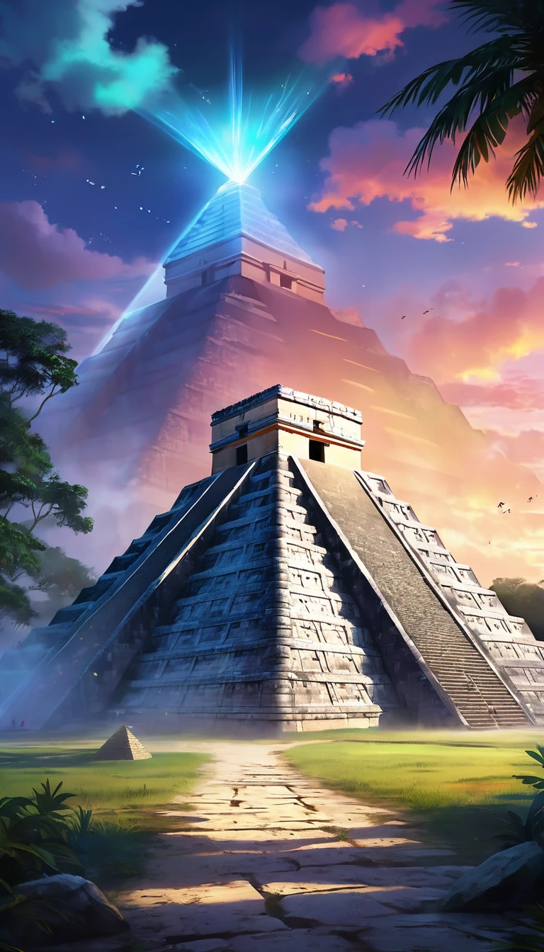 card "Pyramid of Kukulkan": Description: Majestic pyramid, towering in the center of the Lost City of Chichen Itza. Explore its secret passages and find ancient artifacts. Peculiarities: Hidden Traps, ancient inscriptions, mystical rituals., digital painting, location, location из игры, большая location, glowing effects in the background, fog in the foreground with glow effects, colorful, cute style, anime style, огромная игровая location, shimmering treasures, attention-grabbing