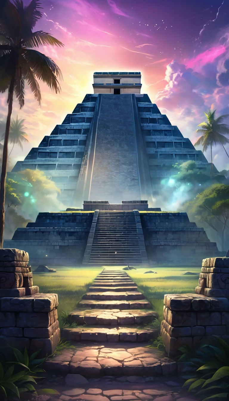 card "Pyramid of Kukulkan": Description: Majestic pyramid, towering in the center of the Lost City of Chichen Itza. Explore its secret passages and find ancient artifacts. Peculiarities: Hidden Traps, ancient inscriptions, mystical rituals., digital painting, location, location из игры, большая location, glowing effects in the background, fog in the foreground with glow effects, colorful, cute style, anime style, огромная игровая location, shimmering treasures, attention-grabbing