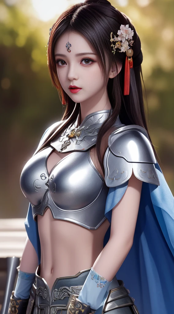 best quality, masterpiece, High resolution, 1 girl, Background of ancient Chinese battlefield, metal armor, cape, metal collar, ancient spear, hair accessories, necklace, jewelry, pretty face, above_Body, Tyndall effect, actual, dark studio, edge lighting, Two-tone lighting, (High detail skin:1.2), 8K uhd, SLR camera, soft light, high quality, Volumetric lighting, frank, photo, High resolution, 4K, 8K, Bokeh, silver bikini armor, Metal spear, Phoenix embroidered on chest, metal breastplate, Tight, bare arms, arms, short wristband, , arms