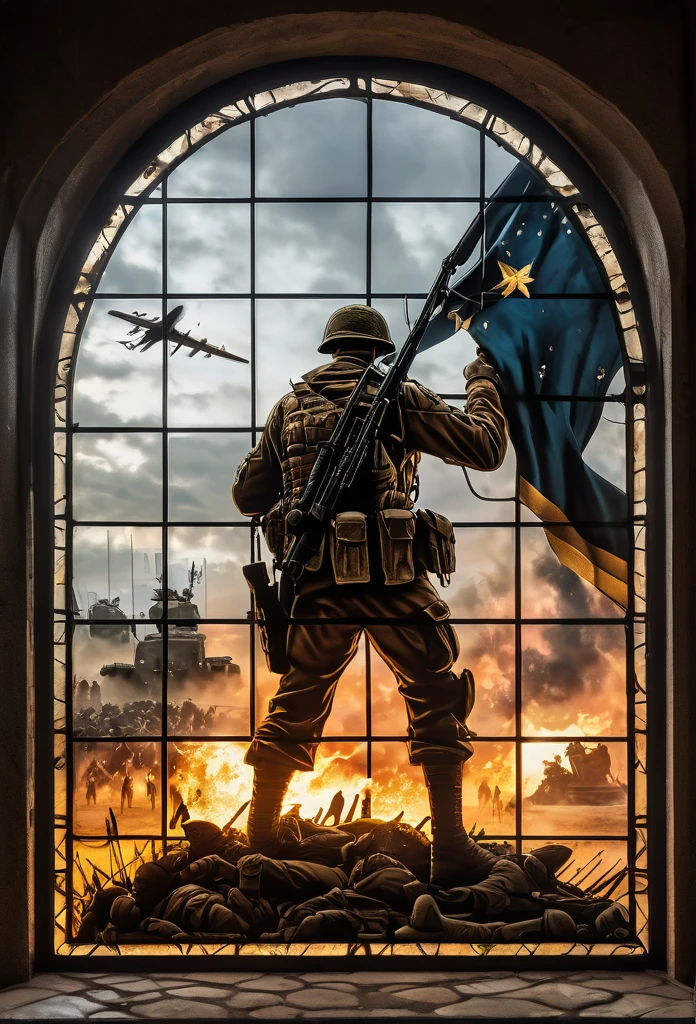 stained glas window art with the depiction of a lone man standing on a battle field surrounded by fallen men, call of duty style, ultra realistic, 4K