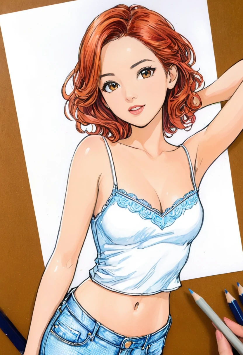  woman，Short camisole vest，White，Art，，Colored pencil sketch，sketch ，Comic Collage，illustration