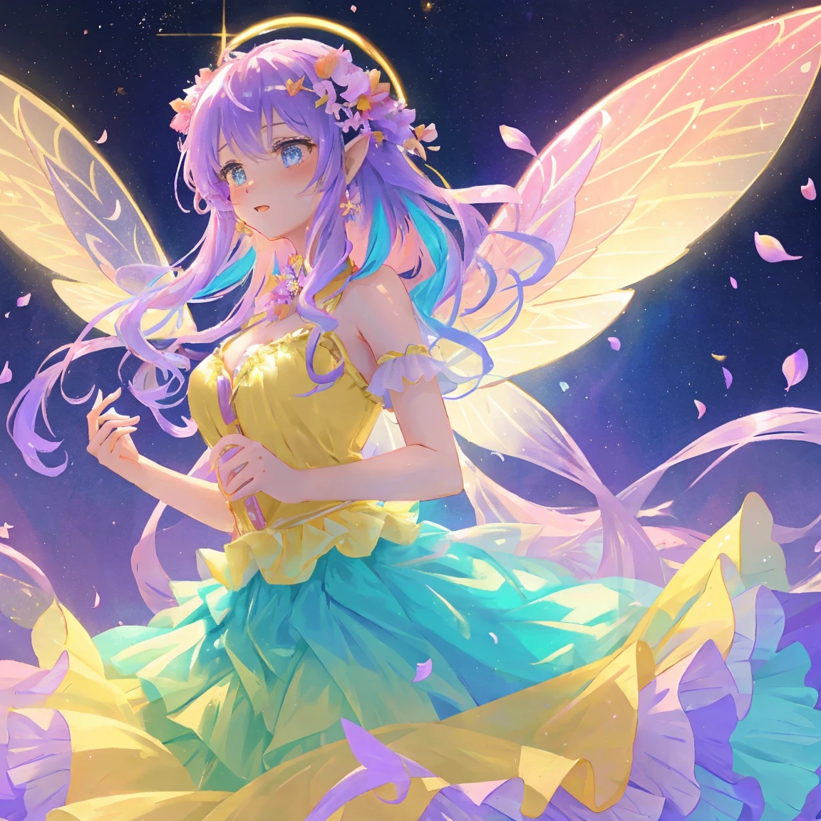 beautiful fairy girl in tiered colorful gradient ballgown dress, gradient sparkling Fairy dress, ((Skirt layered with multi-colored petals)), Fairy dress, queen of the fairies, magical forest background, (Glowing fairy wings), sparkling flowing ball gown, long lavender wavy hair, ((giant shining fairy wings)), Flowers and colorful plants, There&#39;There&#39;s a glowing aura around her, beautiful, masterpiece, highest quality 