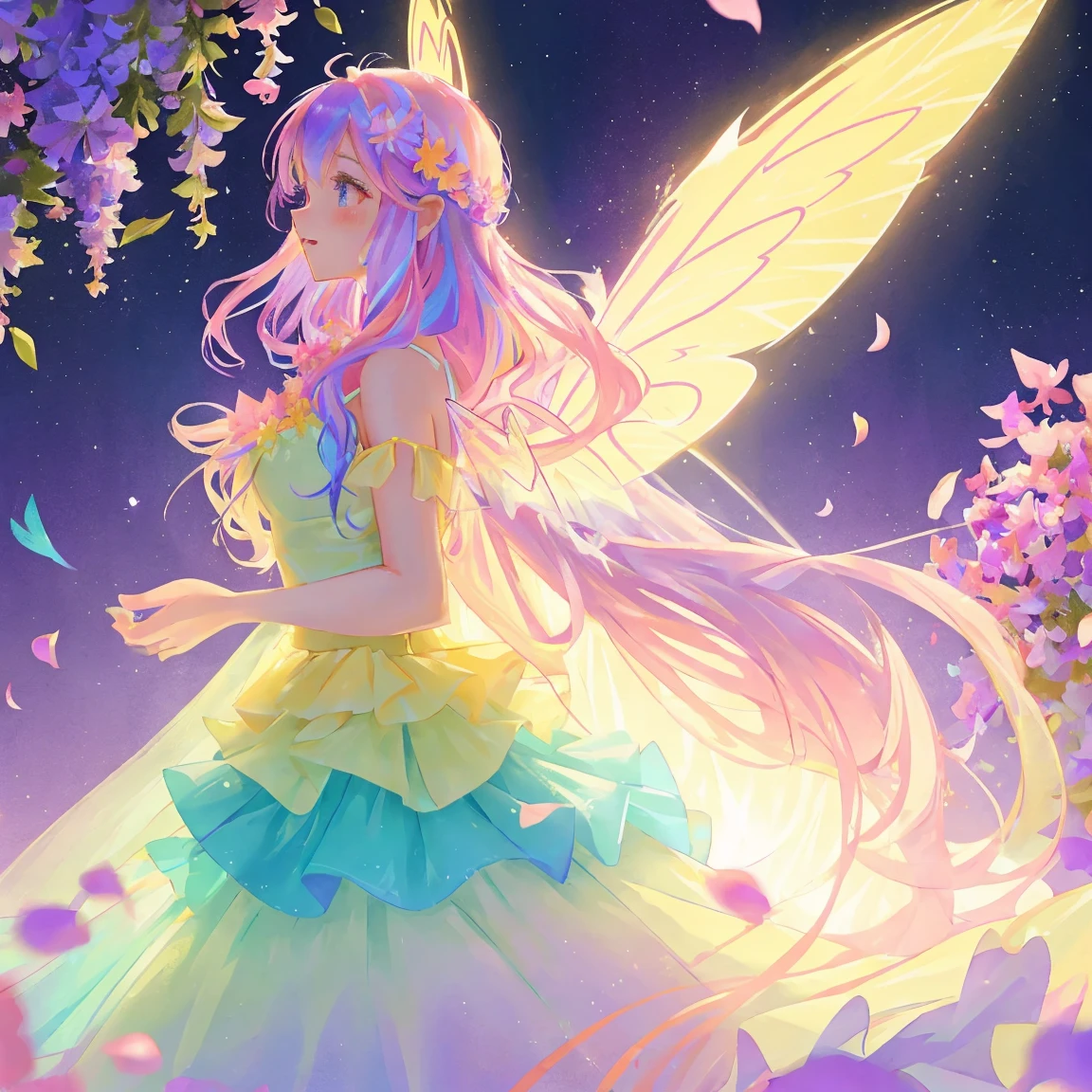 beautiful fairy girl in tiered colorful gradient ballgown dress, gradient sparkling Fairy dress, ((Skirt layered with multi-colored petals)), Fairy dress, queen of the fairies, magical forest background, (Glowing fairy wings), sparkling flowing ball gown, long lavender wavy hair, ((giant shining fairy wings)), Flowers and colorful plants, There&#39;There&#39;s a glowing aura around her, beautiful, masterpiece, highest quality 