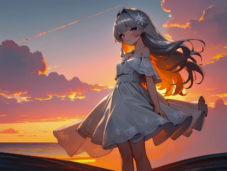 ((masterpiece, extremely high quality)),((4k, detailed beautiful cute eyes)),((cinematic view, high detailed sunset, high detailed colors, high detailed clouds, depth of view)),1girl standing at a beach side with arms at her back, looking at viewer, white skin, closed lips, wide gentle smile, silver long-hair, grey-bluish eyes, slender physique, medium-sized breast, small-diamond snowflake necklace, white off-shoulder straps ruffled blouse, greyish high-waisted a-line mini skirt with lace trim.