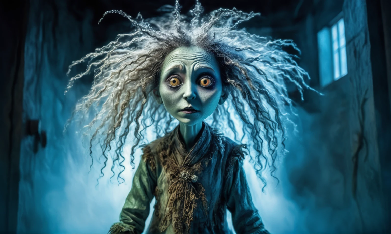 full body length shot,beggar graphite Manganite sparas, wants eat,survival indoor Korean psychiatric clinic,Cinematic,soft colors, Technicolor,natural skin textures, hyper realism, hyper detailed,Extremely detailed,High contrast,Masterpiece,Realistic,Ultra Detailed, intricate details,realistic humid leather,extremely intricate,Epic Realistic, cinematic style,irina yermolova,high contrast,hdr,extremely detailed, masterpiece,intricate details,faded,eyes extremely detailed, high detailed eyes,16k resolution,RAW,retina, Nikon Z9,tkt style, Pisces,perfect, iridescent curly longhair,transition between two art styles, Ink painting to photorealism, Double contact, X-ray, Creative, vivid light, masterpiece, fantasy, Abstract, Surrealism, super detailed, high resolution, stop:35,(((creature with a spectral and ghostly appearance)). Her skin is pale, almost translucent.strange wears , halfface completely missing, eyesless ,Mulan