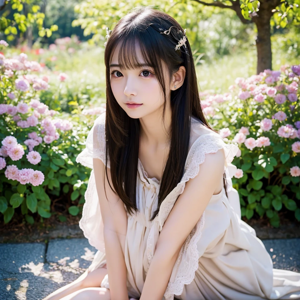 highest quality, High resolution, Realistic photo, Detailed skin texture, ((Cute 8 year old Japanese girl wearing a short white camisole)), View your viewers, Slim figure, Attractive gaze, Fair skin, (Flat Chest:1.2), Straight long hair, (loli:1.2), In the park with cherry blossoms falling