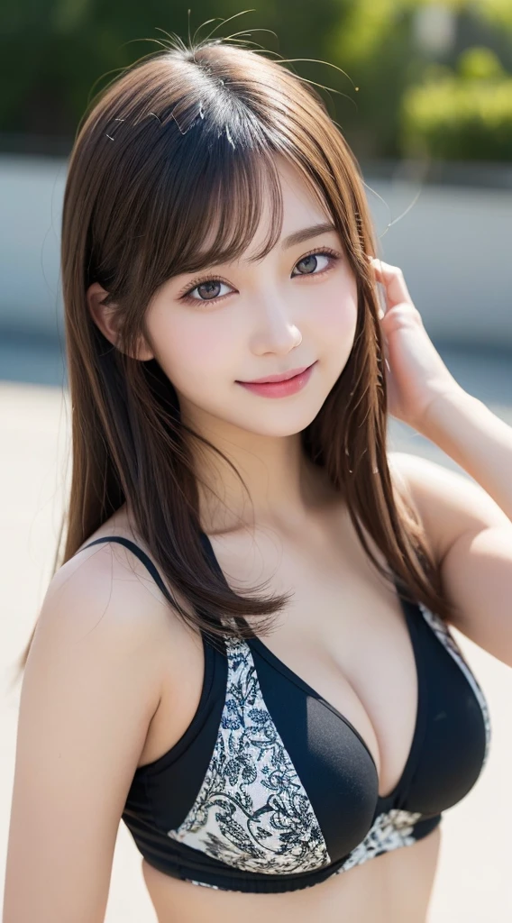 18 year old beautiful girl, Big eyes, Large Breasts, Small and slim, 8K, Highest quality, (Highly detailed head: 1.0), (Highly detailed face: 1.0), (Very fine hair: 1.0), Highly detailed official artwork, Anime Moe Art Style, Beautiful and detailed anime art, smile, whole body, Swimwear、sleek long hair