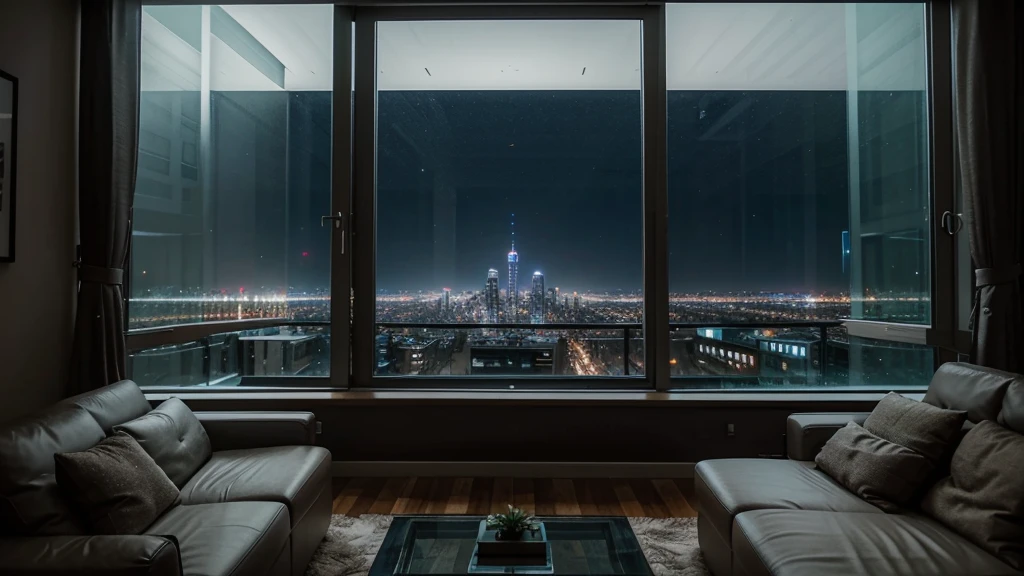 Panoramic view of the living room,Large windows overlooking the city, Relaxation time. beautiful landscape, Luxurious environment, Comfortable place, Comfortable atmosphere, Luxury Apartment, bladerunner apartment, Cyberpunk bedroom at night, comfortable environment, Comfortable room, comfortable environment, Comfortable atmosphere, rooftop romantic, City Apartments, Comfortable and calm, Beautiful view, Epic views, beautiful scenery,There is snow outside the floor-to-ceiling glass window