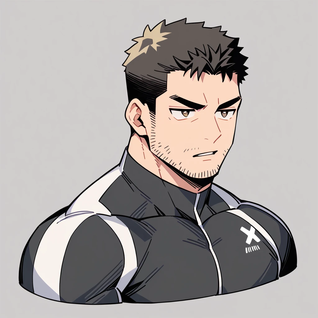 anime characters：Chris Redfield, Muscle Sports Student, Buzz Cut, Manliness, male focus, Dark black Yellow high collar long sleeve tight T-shirt, Very tight, full and perky chest muscles, muscular male, muscular, only, Upper body, alone, Black short hair, Thick eyebrows, stubble, Brown-red pupils, Grey background, simple background, amazing quality, best aesthetics, Ridiculous, parted lips, v-shaped eyebrows, jitome, best quality