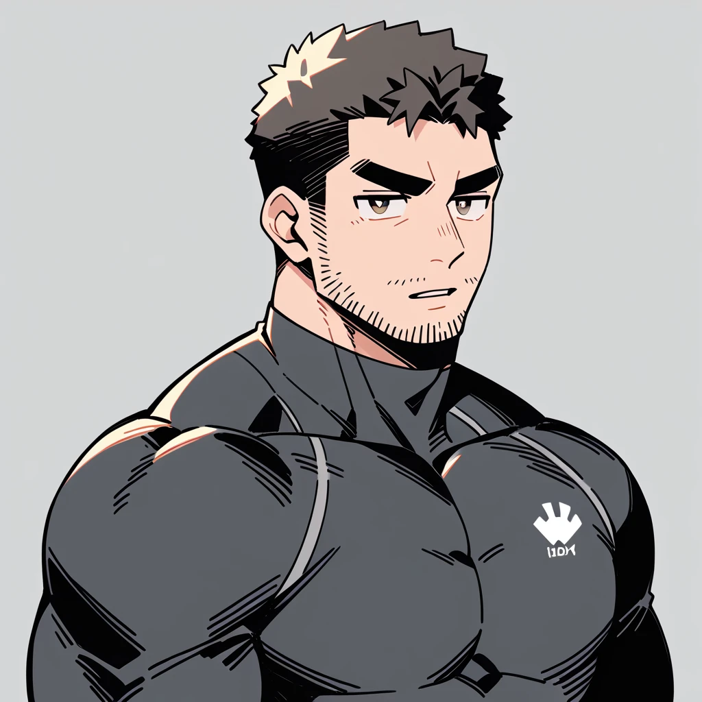 anime characters：Chris Redfield, Muscle Sports Student, Buzz Cut, Manliness, male focus, Dark black Yellow high collar long sleeve tight T-shirt, Very tight, full and perky chest muscles, muscular male, muscular, only, Upper body, alone, Black short hair, Thick eyebrows, stubble, Brown-red pupils, Grey background, simple background, amazing quality, best aesthetics, Ridiculous, parted lips, v-shaped eyebrows, jitome, best quality