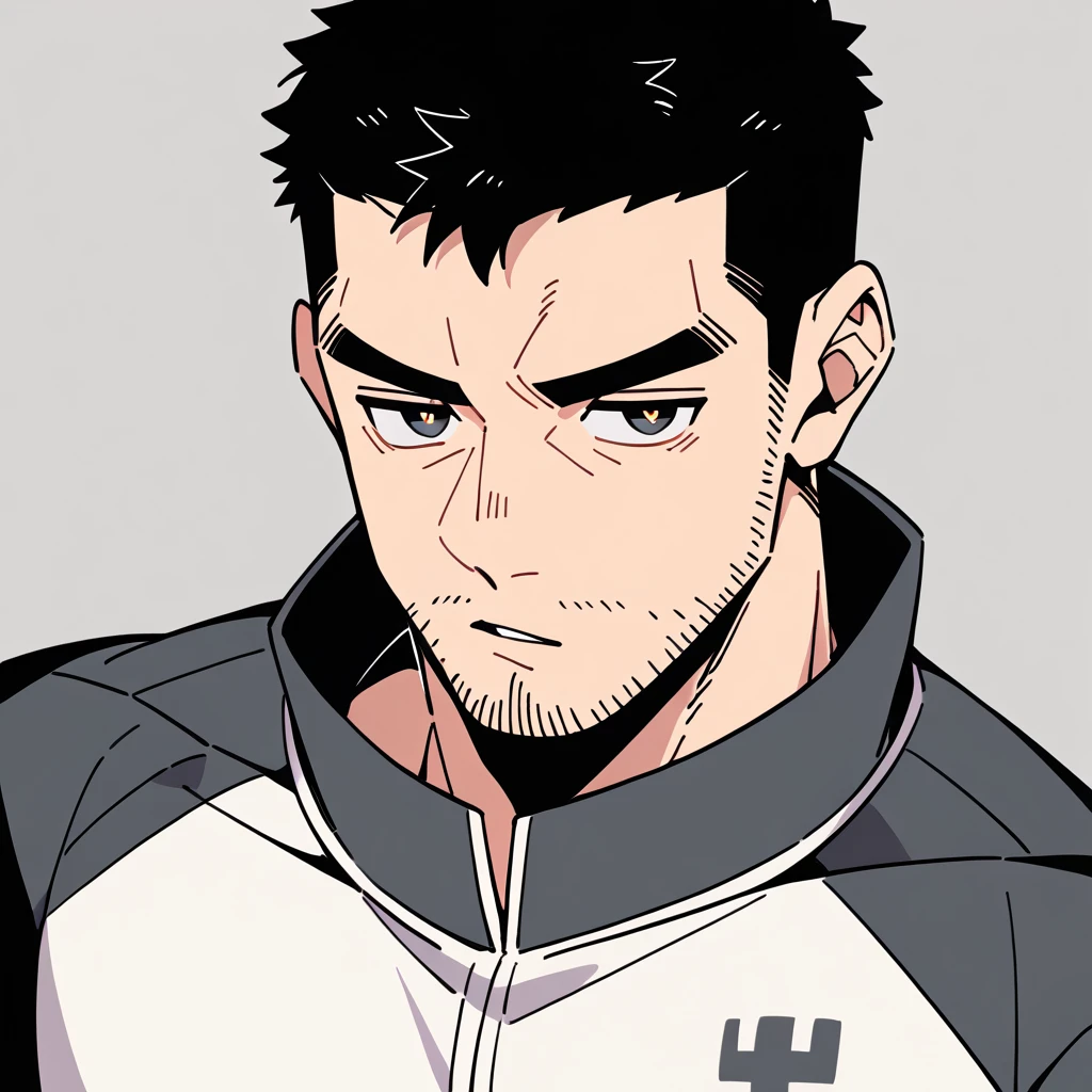 anime characters：Chris Redfield, Muscle Sports Student, Buzz Cut, Manliness, male focus, Dark black Yellow high collar long sleeve tight T-shirt, Very tight, full and perky chest muscles, muscular male, muscular, only, Upper body, alone, Black short hair, Thick eyebrows, stubble, Brown-red pupils, Grey background, simple background, amazing quality, best aesthetics, Ridiculous, parted lips, v-shaped eyebrows, jitome, best quality