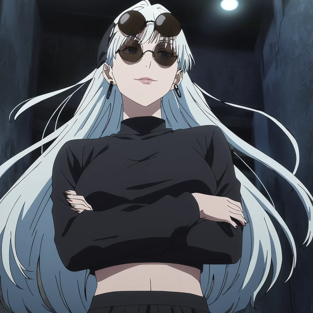 1girl, female gojo satoru, anime screencap from jujutsu kaisen, gojo satoru female version, solo, long_hair, ((wearing round sunglasses over the head)) ((White_hair)), night view, (hanging breasts) ((cross arms)) upper_body, smile, indoors, book, lips, (long hair) ((wearing black colour crop top with full sleeves and black colour pant)) breast, "very detailed and high resolution" (wearing round sunglasses over the head) ((solo)) (((front view))) (earings) ((high resolution)) ((good quality)) ((silky hair)) ((cross arms))