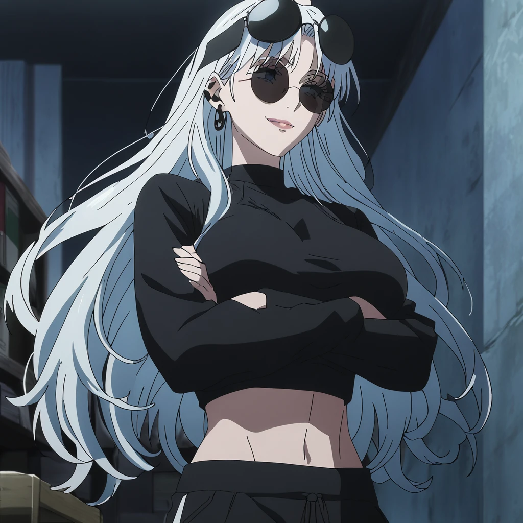 1girl, female gojo satoru, anime screencap from jujutsu kaisen, gojo satoru female version, solo, long_hair, ((wearing round sunglasses over the head)) ((White_hair)), night view, (hanging breasts) ((cross arms)) upper_body, smile, indoors, book, lips, (long hair) ((wearing black colour crop top with full sleeves and black colour pant)) breast, "very detailed and high resolution" (wearing round sunglasses over the head) ((solo)) (((front view))) (earings) ((high resolution)) ((good quality)) ((silky hair)) ((cross arms))