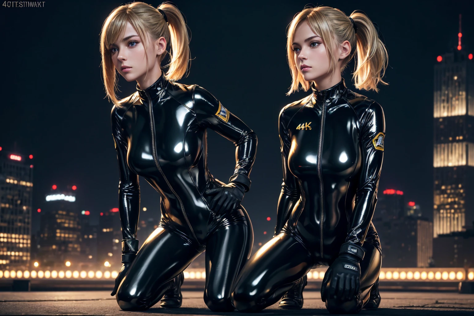 (best quality,4K,8k,high resolution,masterpiece:1.2),Ultra-detailed,(realistic,photorealistic,photo-realistic:1.37), RUSSIAN female fighter with slim physique and small face, cute, 2 girls, 18 years old, Kneeling pose, BLONDE LONG BOB CUT with ponytails hair, shiny black tight-fitting combat latex suit with enamel finish, tight suit, gloves, Steel city background, night lighting