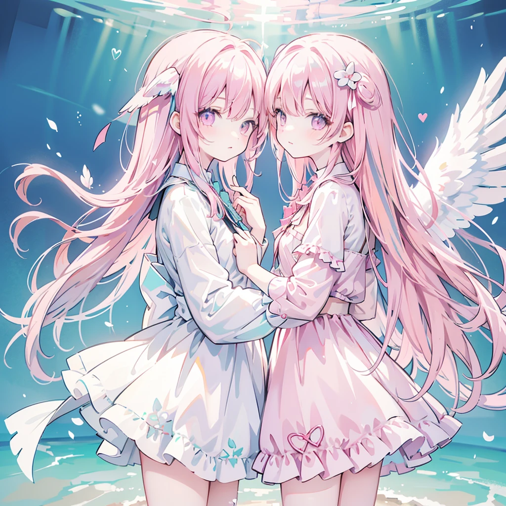 best quality, beautiful, absurdres, a girl, angel, a puppy, twins, 2 girls, happy, neutral, standing, making a heart with hands, looking at viewer, looking to the side, semi long, pink hair, aqua hair, pink eyes, aqua eyes, eyes open, pale skin, , hair ribbon, with dog ears, with angel wings on back, -yeld, we background
