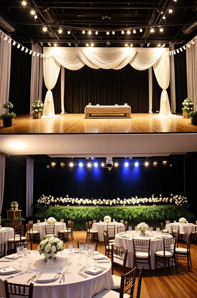 make me a stage and event hall decoration for a retirement party with the theme color greean and white