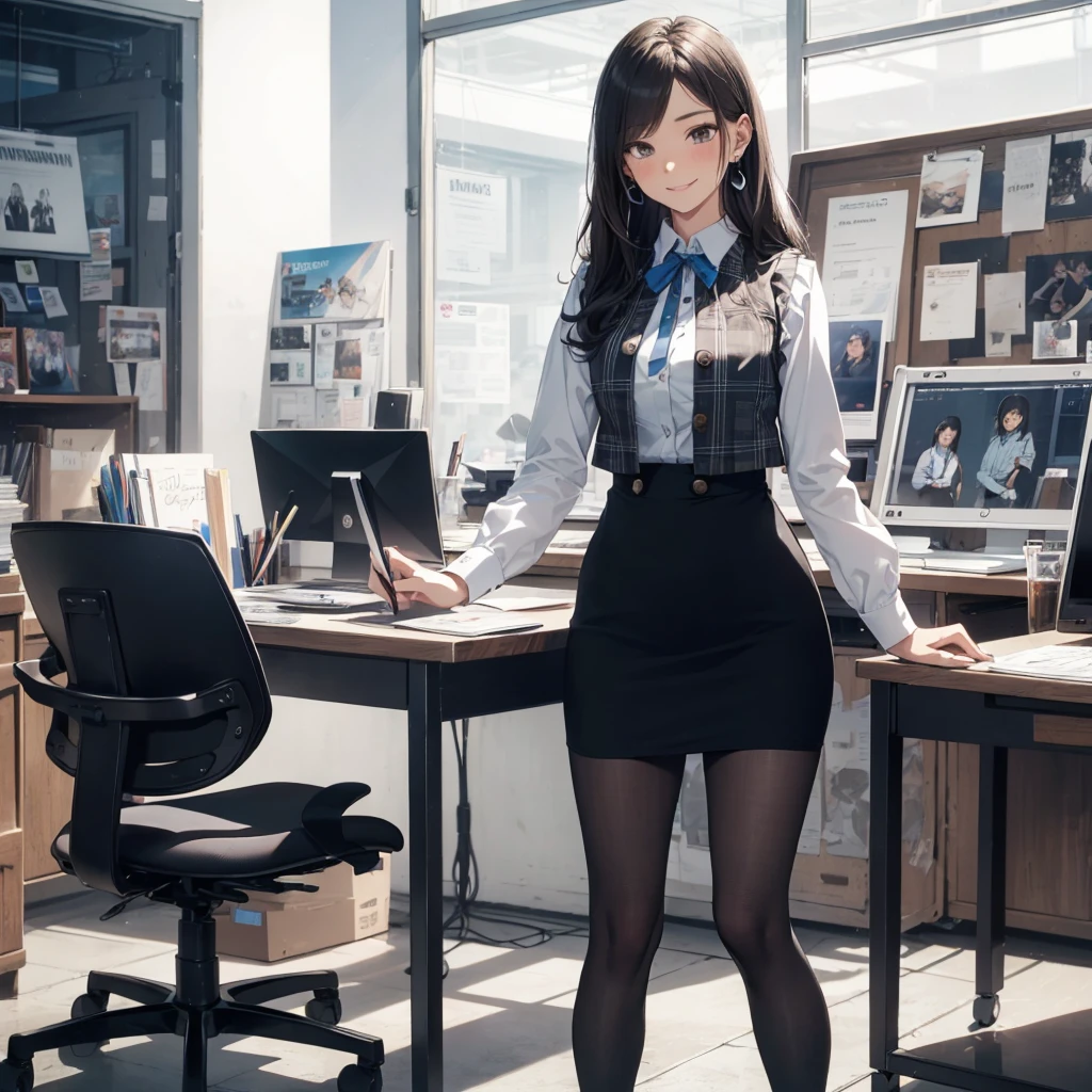 (Best Quality, Masterpiece),Wearing a pink plaid vest, White short sleeved shirt, Gray pencil skirt, Wear stiletto heels, Necklace, earrings, Cute face, Smile, Blushing, Shyness, Glass wall, Ultra Detail, Realistic, Front view, Whole body, stunning, cute, warm smile, hourglass figure, apron, text, chart, advertising, magazine title(Best Quality, Masterpiece), Mag((((1ladyl,)))) (masterpiece), (realistic), (best quality), (ultra-detailed), (wearing in [[white and gray check pattern]] Vest worn over white collared long-sleeved shirt:1.4), (gray vest with buttons:1.2), (Pink Theme:1.2), (blue ribbon ribbon:1.3), (Black theme:1.4), (Tight black pencil skirt:1.5), ((Brown pantyhose)), (high-heels:1.1),longskirt,office desk, office chair,Lulubre Unity 8K Wallpaper, pantyshot, long brown hair, office lady Magazine Cover, 1girl,  amazing, girl, 30 years old, house wiife, warm smile, hourglass figure, text, chart, advertising, magazine title