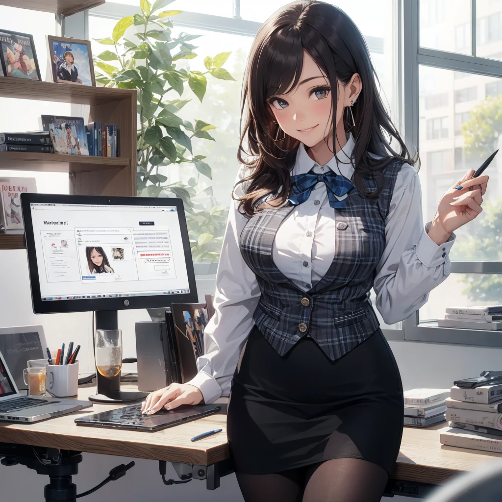 masterpiece、High resolution 8K、Browsing Caution、Colorful light illumination、Sharp focus、Detailed skin、Tabletop、 highest quality、Ultra-high resolution、超A high resolution、Highly detailed CG、theme,Full Body Shot、Office Room、Numerous large monitors、Computer on the desk、transaction、documents、stock、Chart Screen、Female office lady、Woman sitting on a chair with her legs crossed、(detailed face and eyes、(face:1 2)、Brown eyes、Almond Eye)、(Reddish brown hair、Short Ponytail、High Top Fade:1.3、Asymmetrical bangs)、(ID card strap)、(Office Clothes、Black blazer、White dress shirt、long black pencil skirt、With slits、pumps)、(gross、Glossy Lips、Small breast size) 、(楕円形のface : 1.4)、(Thin fingers、Detailed Weapons、Detailed human hand)、Laughter、Open your mouth、Teeth are visible、
