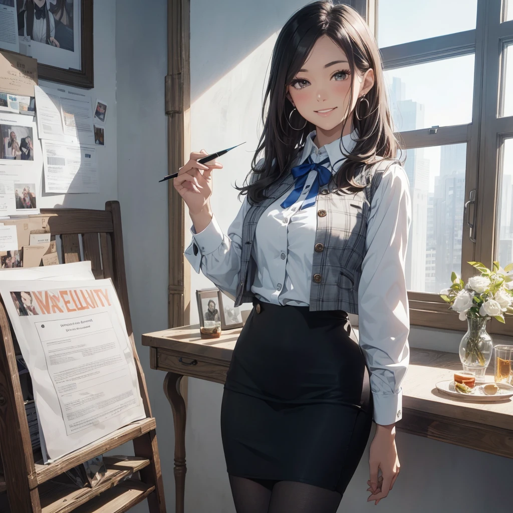 (Best Quality, Masterpiece),Wearing a pink plaid vest, White short sleeved shirt, Gray pencil skirt, Wear stiletto heels, Necklace, earrings, Cute face, Smile, Blushing, Shyness, Glass wall, Ultra Detail, Realistic, Front view, Whole body, stunning, cute, warm smile, hourglass figure, apron, text, chart, advertising, magazine title(Best Quality, Masterpiece), Mag((((1ladyl,)))) (masterpiece), (realistic), (best quality), (ultra-detailed), (wearing in [[white and gray check pattern]] Vest worn over white collared long-sleeved shirt:1.4), (gray vest with buttons:1.2), (Pink Theme:1.2), (blue ribbon ribbon:1.3), (Black theme:1.4), (Tight black pencil skirt:1.5), ((Brown pantyhose)), (high-heels:1.1),longskirt,office desk, office chair,Lulubre Unity 8K Wallpaper, pantyshot, long brown hair, office lady Magazine Cover, 1girl,  amazing, girl, 30 years old, house wiife, warm smile, hourglass figure, text, chart, advertising, magazine title
