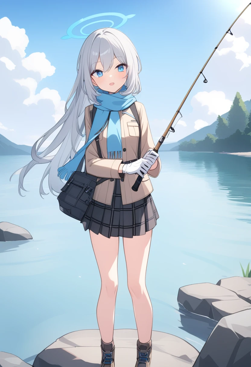 girl，Silver long hair, blue eyes, Wearing brown mountaineering clothes,A sky blue scarf, White gloves, And black plaid skirt, sentado em frente a um lago，fishing with fishing rod, blue halo，Fisherman&#39;s hat，Wear your hat，Gray wolf ears，gazing at the water