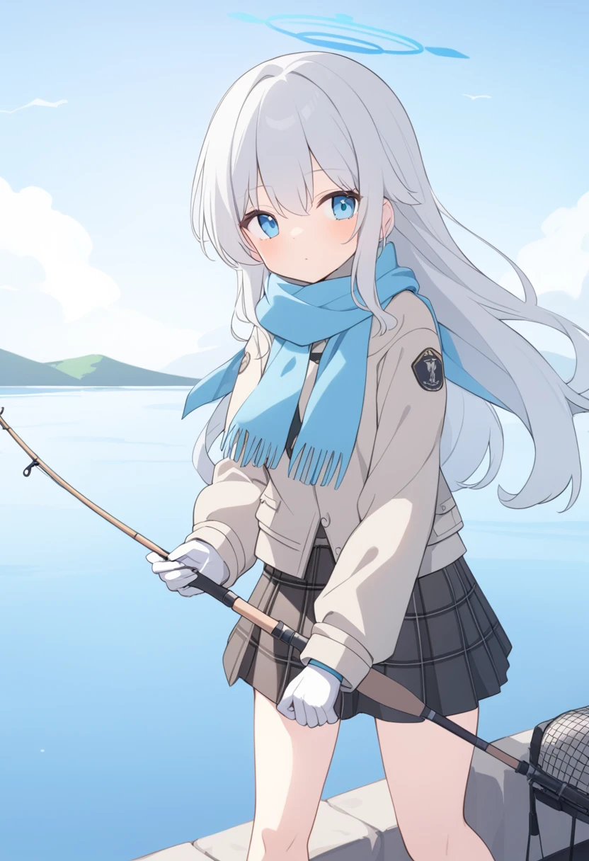 girl,Silver long hair, blue eyes, Wearing brown mountaineering clothes,A sky blue scarf, White gloves, And black plaid skirt, sentado em frente a um lago,fishing with fishing rod, blue halo,Fisherman's hat,Wear your hat,Gray wolf ears,gazing at the water