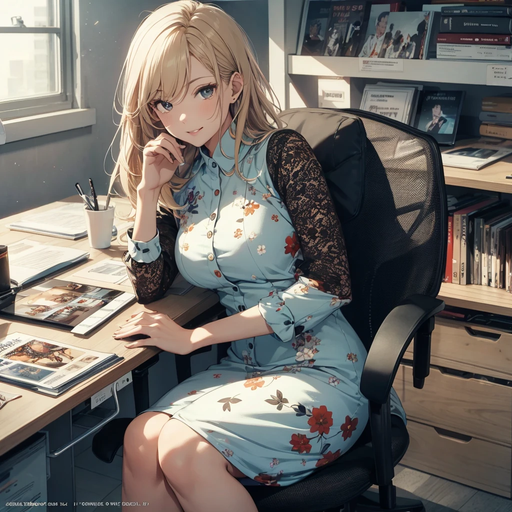 (Best Quality, Masterpiece), office lady Magazine Cover, 1girl,Magazine Cover, 1girl, amazing 30 years old wife, stunning, cute, warm smile, hourglass figure, floral dress, office desk, office chair,Lulubre Unity 8K Wallpaper, Beautiful background, clearly, Best Quality, The highest resolution, Best aesthetic,extremely detailed CG unity 8k,azine Cover,text, chart, advertising, magazine title