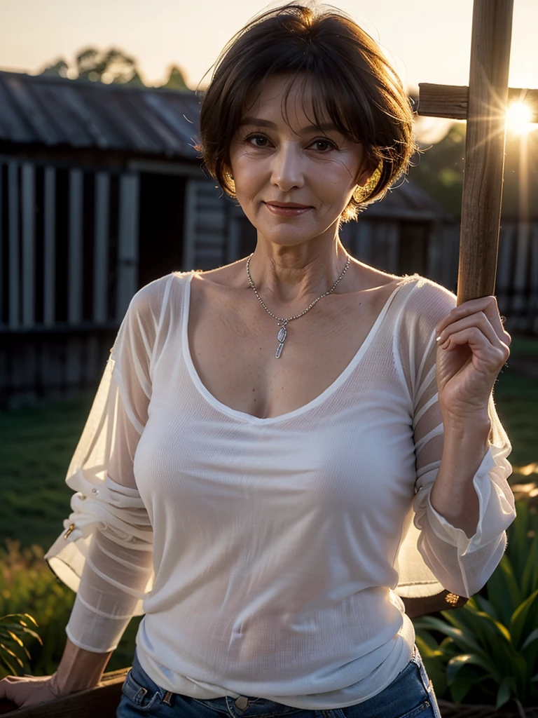 (masterpiece:1.4),(mature woman : 1), (old woman : 1), (((Beautiful 67 year old woman:1.5))),(Facial wrinkles : 1.2),(half-dressed white sheer linen shirt with front open : 1.2), (nipples are see-through : 1), jeans, blanket, simple necklace, (plump body : 1.1), extremely white skin, pores, skin blemishes, dull skin, gentle smile, messy short hair, enormous saggy breasts, (hanging breasts), soft flabby breasts, on a barn, detailed backgrounds, sunrise, backlighting, (focus on her breasts)