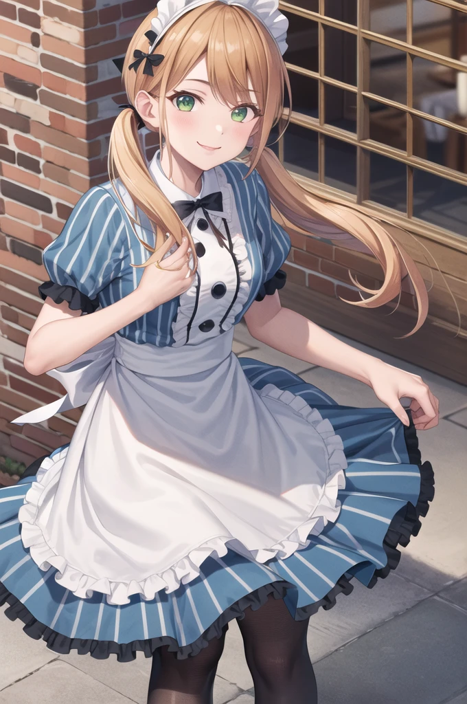 masterpiece, best quality, highres, 1girl, solo, blonde hair, low twintails, maid headdress, hair bow, green eyes, neck ribbon, frills, vertical stripes, blue dress, short sleeves, apron, black pantyhose, standing, cowboy shot, outdoors, smile