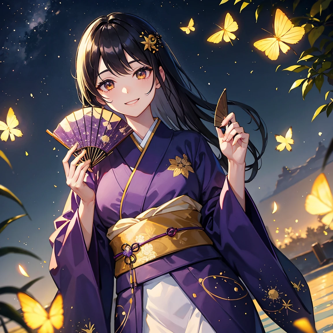 black hair、golden eye、beautiful、juvenile、fireflies fly around、Black and purple firefly and moon pattern wearing kimono、Holding a folding fan、male、smiling、Near the river