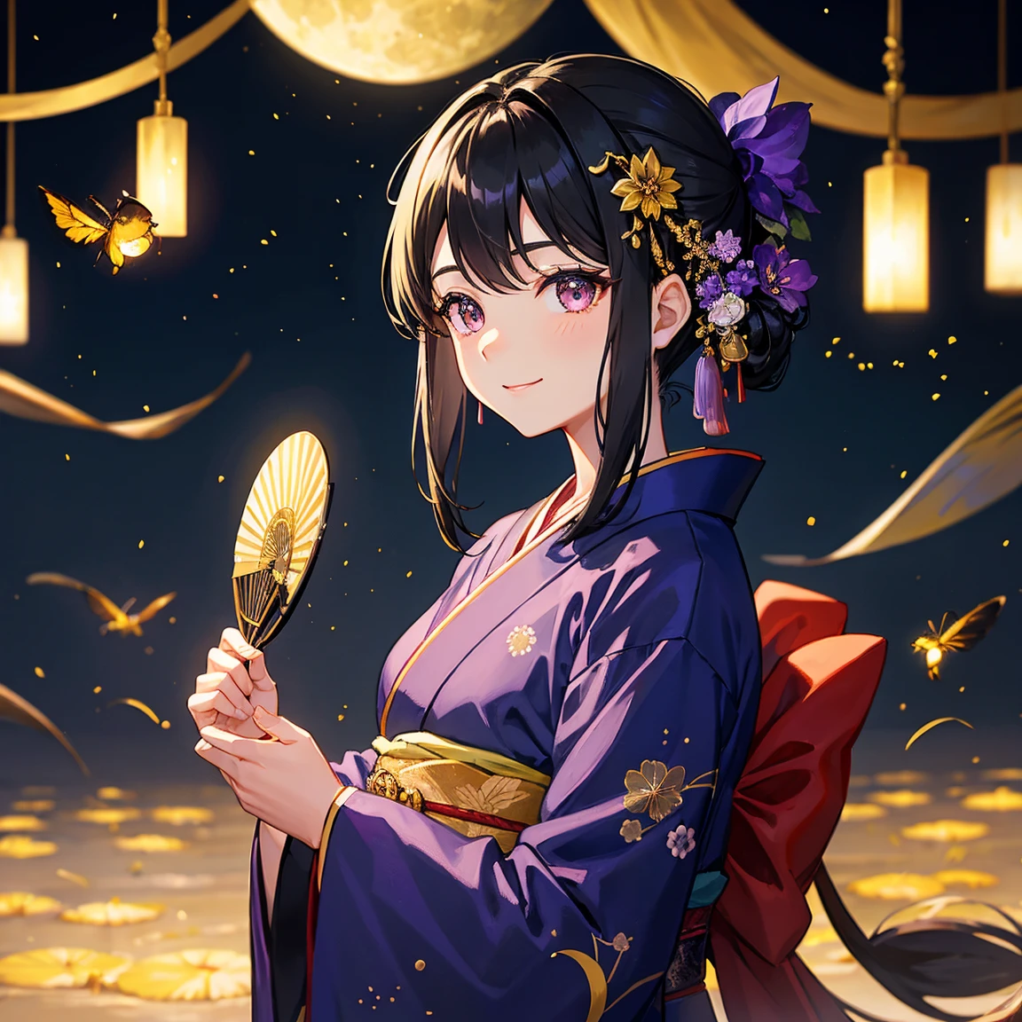 black hair、golden eye、beautiful、juvenile、fireflies fly around、Black and purple firefly and moon pattern wearing kimono、Holding a folding fan、male、smiling、Near the river 