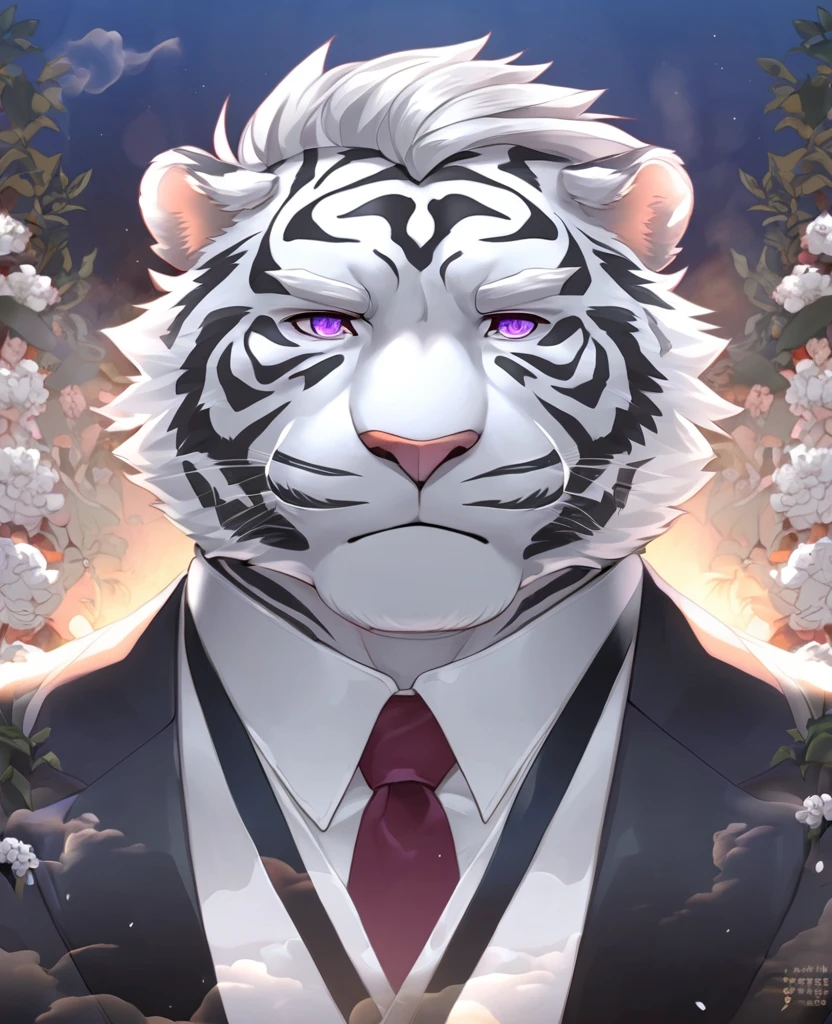 White Tiger,personification,Mature male,Strong Man,White hair,short hair,black strips,Cold expression,Purple pupils,White eyebrows,Black suit suit,Red tie,Hands in pockets,The Age of Steam,garden。
