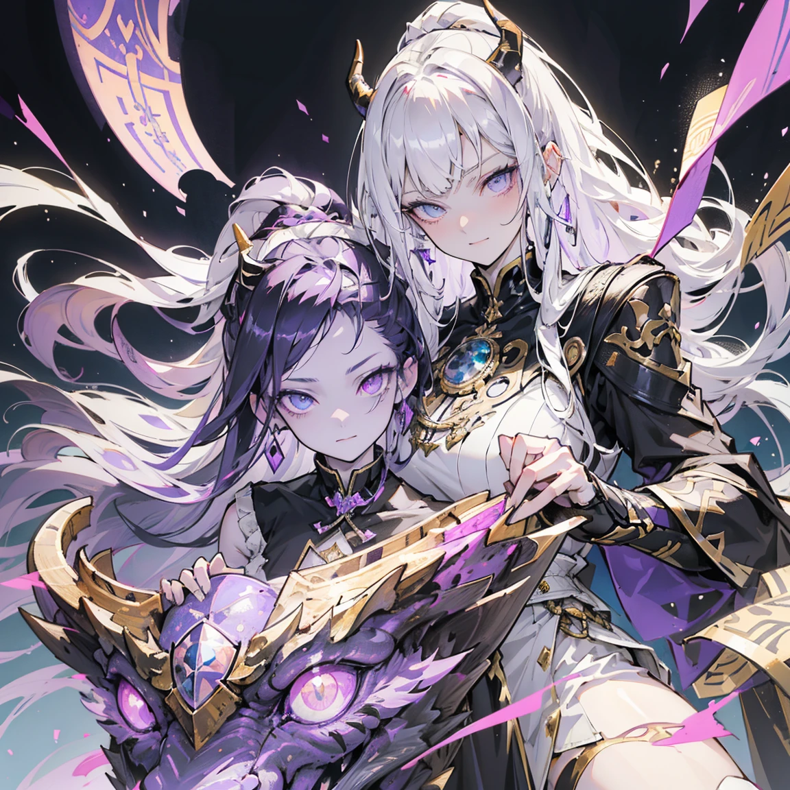 cheerful boy aristocrat open forehead. dark purple hair braided in a ponytail on the left side to one side. sinuous black horns wrapped in dark purple ribbon. pale violet eyes. in short dark purple shorts. long white T-shirt. dark purple knee-high socks. a white long robe with a hood flutters in the wind. black ancient stone walls of the castle purple light from lamps with gold ornaments, heterochromia, long curly hair, pale skin, I look at the viewer, closed mouth, bright smile, Beautiful, extremely detailed eye, Absolutely amazing art, extremely detailed, Digital art of the highest quality, full length, old piano, ancient walls of a stone castle 
