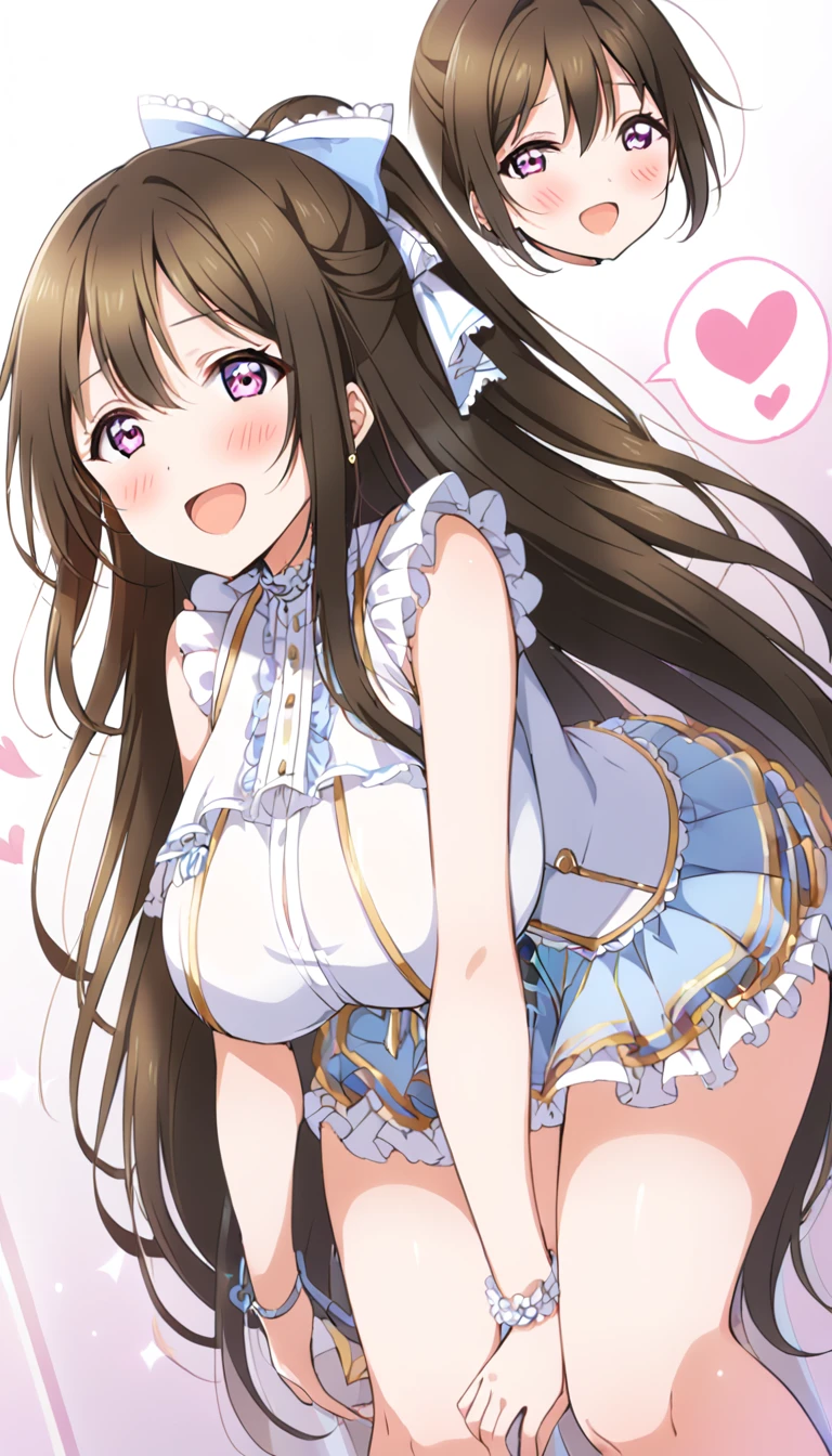 1girl,solo,yuuki mikan,, ,brown hair,, ,1girl,,,medium breasts,,open mouth,,cowboy shot,smile,(spoken heart),simple background,grey background,looking viewer,bare shoulder,micro skirt,cowboy shot,thighhighs,(lovey,cute),standing,panties,arms behind back,closed mouth,side boob