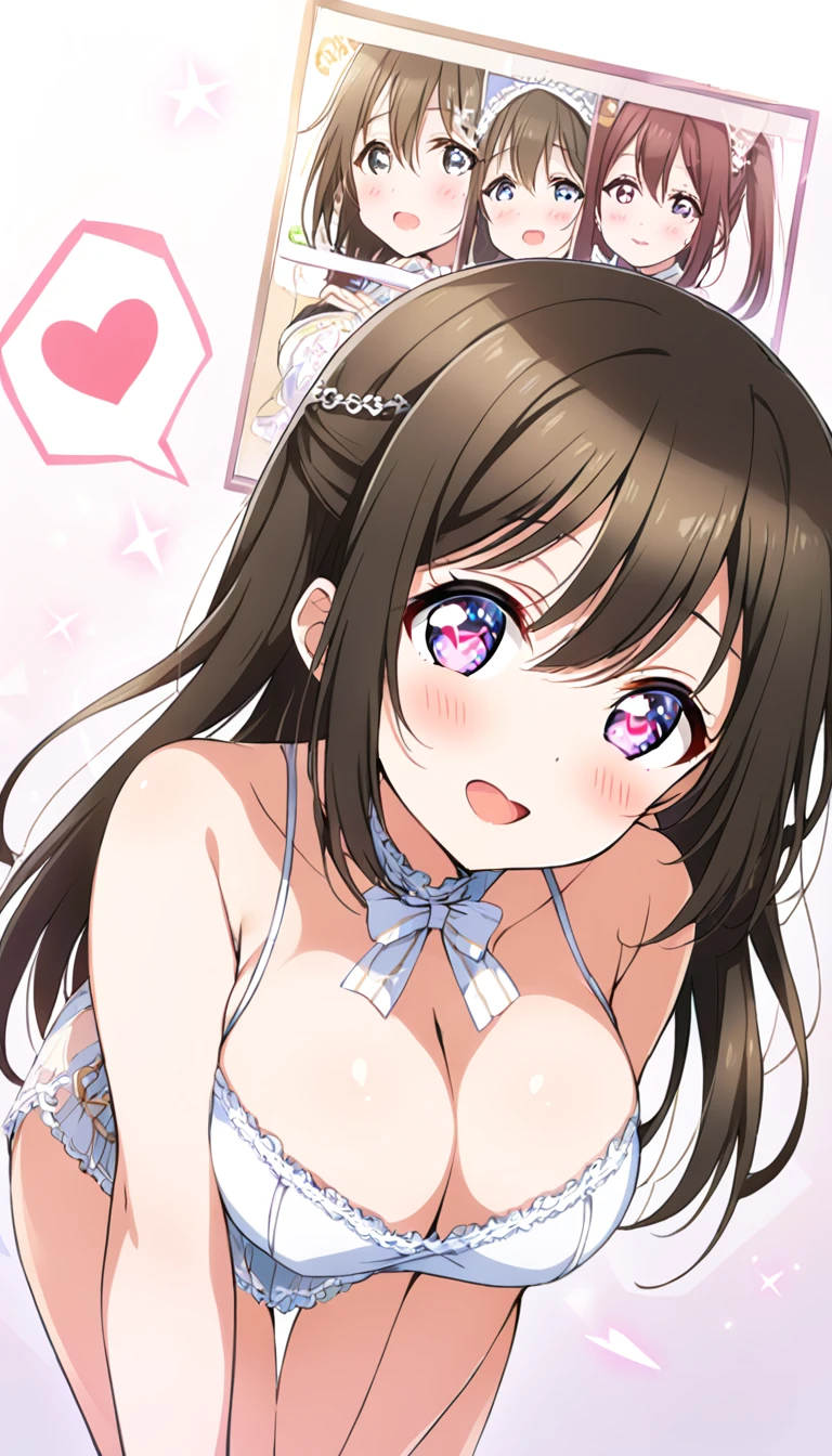 16k,score_9, score_8_up, score_7_up, source_anime, rating_safe,super detailed , Osaka Shizuku, (heart eyes),(heart in eyes),spoken heart,very cute,open mouth,dutch angle,big breast ,blush,beautiful face,beautiful eyes,details eyes,white background ,(cleavege),leaning forward 